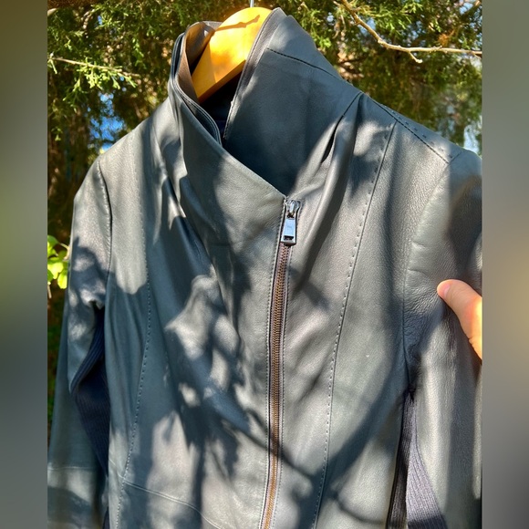 Vince 100% Goat Leather Moto Jacket Funnel Neck S Womens Charcoal Grey - Picture 9 of 16